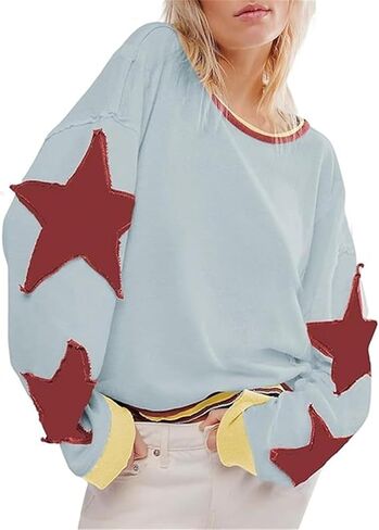 crazynekos Women's Oversized Star Sweatshirts Fashion Long Sleeve Crewneck Drop Shoulder Vintage Graphic Tops in Saudi Arabia