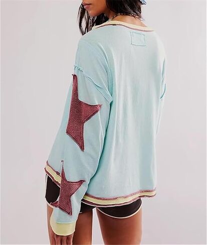 crazynekos Women's Oversized Star Sweatshirts Fashion Long Sleeve Crewneck Drop Shoulder Vintage Graphic Tops in Saudi Arabia
