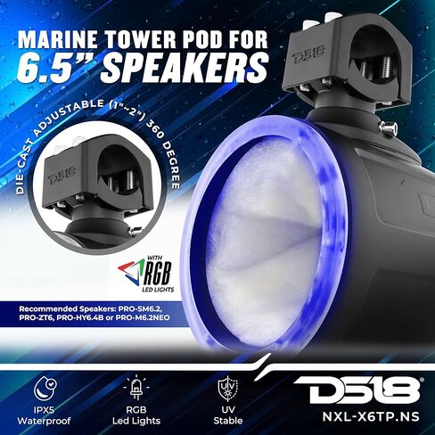 DS18 HYDRO NXL -X6TP/BK.NS 6.5 "جراب البرج البحري مع RGB LED LID مكبرات الصوت المتكاملة مع شواية لصوت السيارات ، البحرية ، UTV ، نظام الصوت ATV - لا مكبرات صوت - أسود - أسود in Saudi Arabia