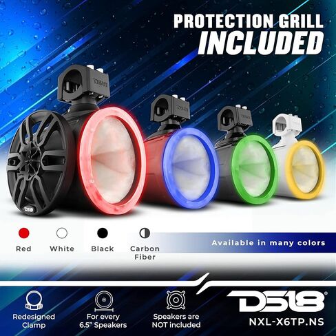 DS18 HYDRO NXL -X6TP/BK.NS 6.5 "جراب البرج البحري مع RGB LED LID مكبرات الصوت المتكاملة مع شواية لصوت السيارات ، البحرية ، UTV ، نظام الصوت ATV - لا مكبرات صوت - أسود - أسود in Saudi Arabia