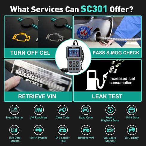 قارئ رمز السيارة CGSULIT SC301 Obd2 ماسح ضوئي مع فحص الضباب الدخاني والتحقق من إعادة ضبط ضوء المحرك، قراءة/مسح رمز الخطأ، البيانات الحية، بحث DTC، اختبار الشاشة على اللوحة، أداة المسح التشخيصي للسيارات بعد عام 1996 in Kuwait