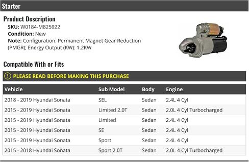 محرك بداية - متوافق مع 2015-2019 Hyundai Sonata سيدان in Saudi Arabia