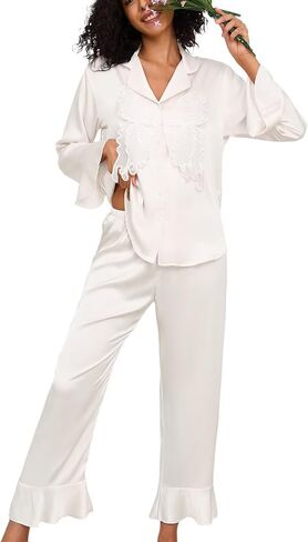 Brosloth Womens Silk Pajamas Long Ruffle Sleeve Satin Pajama Set Butterfly Button Up Cute PJ Sets in Kuwait