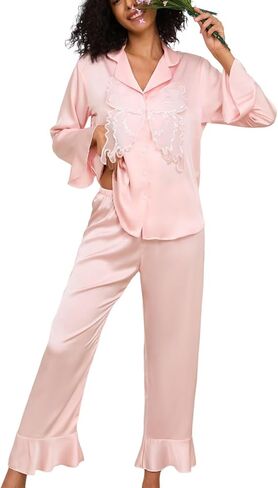 Brosloth Womens Silk Pajamas Long Ruffle Sleeve Satin Pajama Set Butterfly Button Up Cute Pj Sets in Kuwait