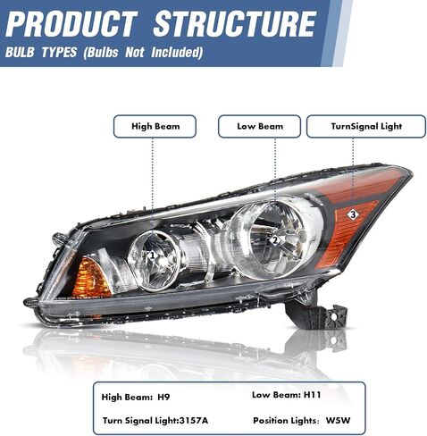 Pair of Headlights Assembly Compatible with 2008 2009 2010 2011 2012 Honda Accord Black Housing Clear Halogen Headlamps Driver and Passenger Side in Saudi Arabia
