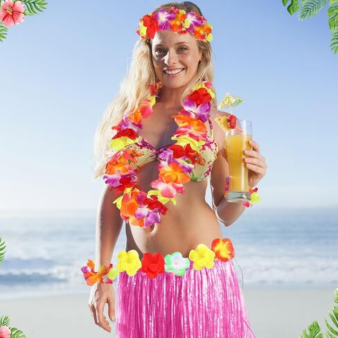 Gejoy 7 PCS Hawaiian Luau Hula Grass Skirt with Flower Costum in Kuwait