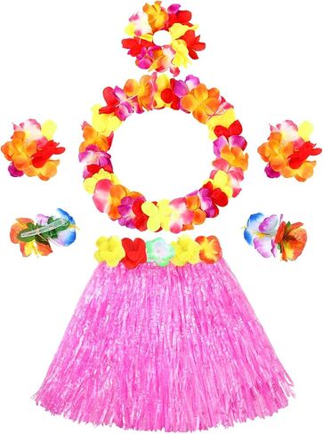 Gejoy 7 PCS Hawaiian Luau Hula Grass Skirt with Flower Costum in Kuwait