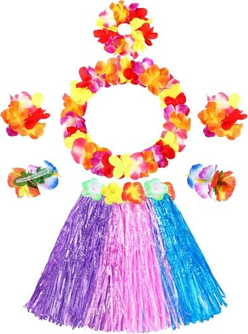 Gejoy 7 PCS Hawaiian Luau Hula Grass Skirt with Flower Costum in Kuwait