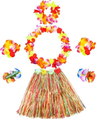 Gejoy 7 PCS Hawaiian Luau Hula Grass Skirt with Flower Costum in Kuwait