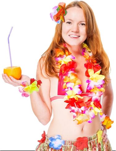 Gejoy 7 PCS Hawaiian Luau Hula Grass Skirt with Flower Costum in Kuwait