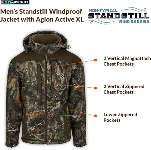 DRAKE Men's Non-Typical Standstill Windproof Agion Active XL Warm Fleece-Lined Quiet Durable Breathable Hooded Hunting Jacket, Mossy Oak Bottomland, Large in Kuwait