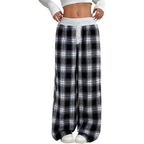 ZAFUL Women's Plaid Wide Leg Pants Y2K Color Block Elastic Waist Button Casual Loose Pants Lounge Pants in Saudi Arabia