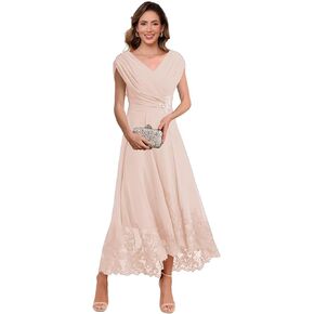 Women's Chiffon Mother of The Bride Dresses Cap Sleeves V Neck Lace Formal Evening Dress VS236 in Kuwait