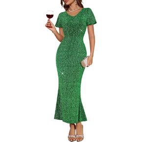 DRESSTELLS Womens Formal Sequin Party Dresses, Glitter Sparkly Cocktail Evening Wedding Guest V-Neck Long Dress in Kuwait