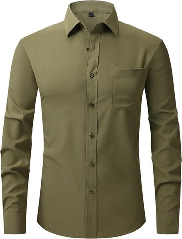 Generic Men's Wrinkle Free Cotton Shirts Long Sleeve Button Down Blouses Stretch Business Casual Shirt Solid Lapel Outfits in Saudi Arabia