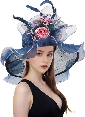 Women Derby Church Hat Organza Flower Wedding Tea Party Fascinator Hat Wide Brim Sun Hat in Kuwait