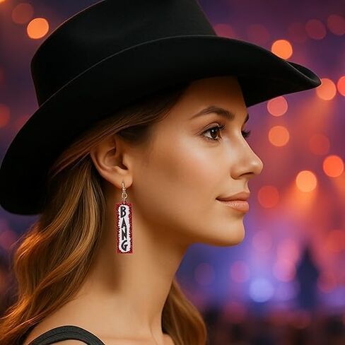 Cowboy BANG Earrings Red Glitter for Women – Western Earrings Cowboy Chic 3D "BANG" Outfit & Fan Merch, Stylish Western Jewelry for Party, Concert & Fashion Accessories in Saudi Arabia