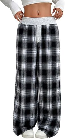 Zaful Women Women Plaid Wide Leg Pants Y2K Block Color Coll Coll مرنة زر الخصر in Saudi Arabia