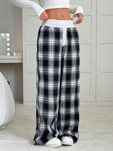 Zaful Women Women Plaid Wide Leg Pants Y2K Block Color Coll Coll مرنة زر الخصر in Saudi Arabia