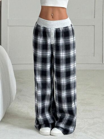 Zaful Women Women Plaid Wide Leg Pants Y2K Block Color Coll Coll مرنة زر الخصر in Saudi Arabia