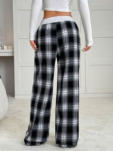 Zaful Women Women Plaid Wide Leg Pants Y2K Block Color Coll Coll مرنة زر الخصر in Saudi Arabia