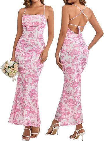 نساء الصيف الأزهار ماكسي فستان مربع رقبة شبكة ruched bodycon ضيف الزفاف الضيف الطويل in Kuwait