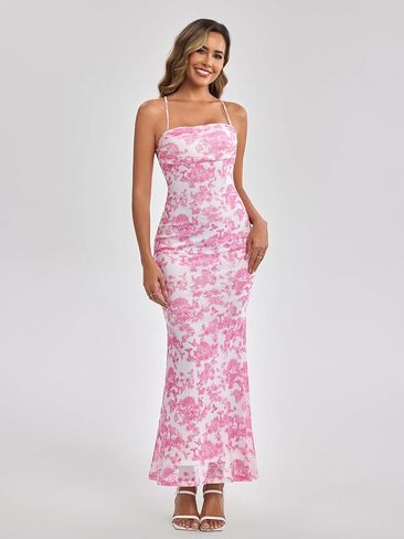 نساء الصيف الأزهار ماكسي فستان مربع رقبة شبكة ruched bodycon ضيف الزفاف الضيف الطويل in Kuwait