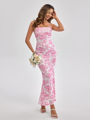 نساء الصيف الأزهار ماكسي فستان مربع رقبة شبكة ruched bodycon ضيف الزفاف الضيف الطويل in Kuwait