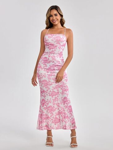 نساء الصيف الأزهار ماكسي فستان مربع رقبة شبكة ruched bodycon ضيف الزفاف الضيف الطويل in Kuwait
