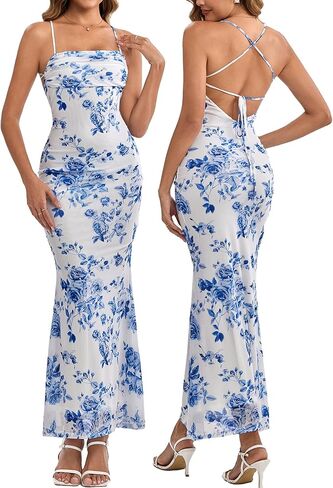 نساء الصيف الأزهار ماكسي فستان مربع رقبة شبكة ruched bodycon ضيف الزفاف الضيف الطويل in Kuwait