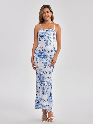 نساء الصيف الأزهار ماكسي فستان مربع رقبة شبكة ruched bodycon ضيف الزفاف الضيف الطويل in Kuwait