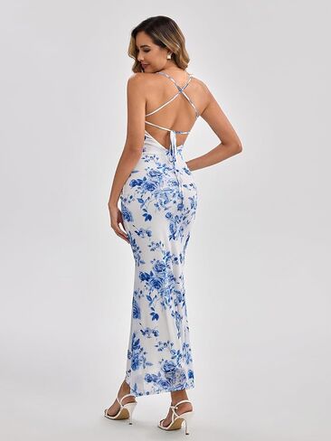 نساء الصيف الأزهار ماكسي فستان مربع رقبة شبكة ruched bodycon ضيف الزفاف الضيف الطويل in Kuwait