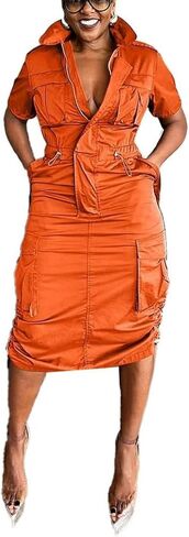 LROSEY Women Y2k Cargo Dress with Pockets Casual Reflective Short Sleeve Zip Up Ruched Drawstring Midi Shirt Dresses Romper in Kuwait