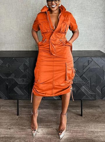 LROSEY Women Y2k Cargo Dress with Pockets Casual Reflective Short Sleeve Zip Up Ruched Drawstring Midi Shirt Dresses Romper in Kuwait