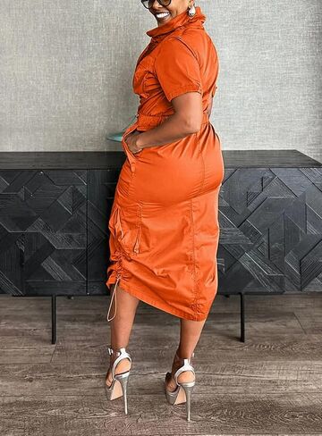 LROSEY Women Y2k Cargo Dress with Pockets Casual Reflective Short Sleeve Zip Up Ruched Drawstring Midi Shirt Dresses Romper in Kuwait