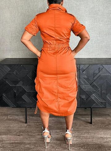 LROSEY Women Y2k Cargo Dress with Pockets Casual Reflective Short Sleeve Zip Up Ruched Drawstring Midi Shirt Dresses Romper in Kuwait