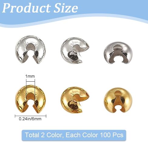 1 Box 200Pcs 6Mm Jewelry Bead Covers Gold Crimp Beads Bulk Brass Small Silver Stoppers Half Round Open Crimp Beads Knot Covers for Jewelry Making Necklaces Bracelets Earrings Supplies Crafts in Saudi Arabia
