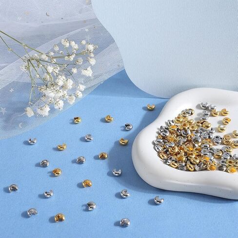 1 Box 200Pcs 6Mm Jewelry Bead Covers Gold Crimp Beads Bulk Brass Small Silver Stoppers Half Round Open Crimp Beads Knot Covers for Jewelry Making Necklaces Bracelets Earrings Supplies Crafts in Saudi Arabia