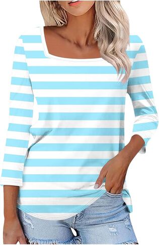 Square Neck Striped Tops for Women 3/4 Length Sleeve Tops Three Quarter Striped Shirts Color Block Blouse Plus Size in Saudi Arabia