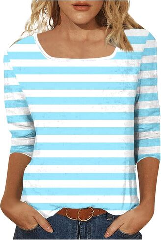 Square Neck Striped Tops for Women 3/4 Length Sleeve Tops Three Quarter Striped Shirts Color Block Blouse Plus Size in Saudi Arabia