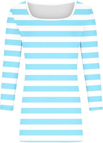 Square Neck Striped Tops for Women 3/4 Length Sleeve Tops Three Quarter Striped Shirts Color Block Blouse Plus Size in Saudi Arabia