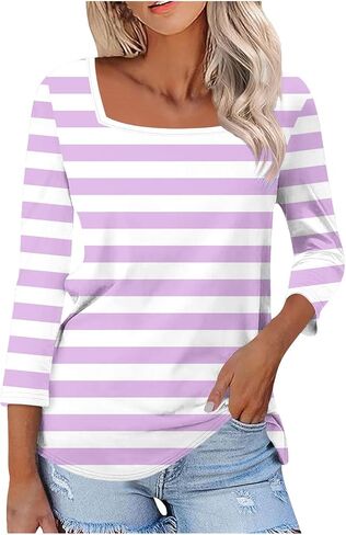 Square Neck Striped Tops for Women 3/4 Length Sleeve Tops Three Quarter Striped Shirts Color Block Blouse Plus Size in Saudi Arabia