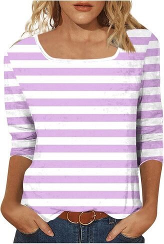 Square Neck Striped Tops for Women 3/4 Length Sleeve Tops Three Quarter Striped Shirts Color Block Blouse Plus Size in Saudi Arabia