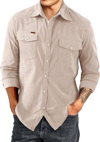 JMIERR Men's Corduroy Shirts Casual Western Long Sleeve Button Down Shacket Jackets with 2 Flap Pocket in Kuwait