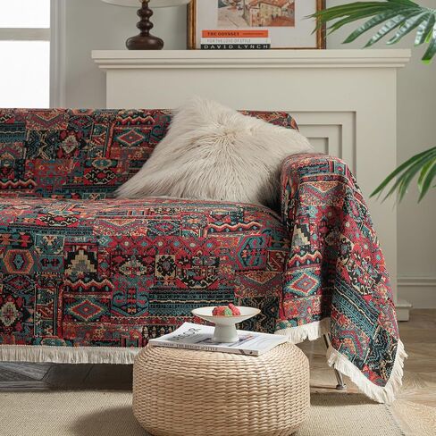 vctops Vintage Jacquard Sofa Cover for Sectional Sofa, Geometric Pattern, Fringe, Couch Cover for Dogs, Loveseat, Futon, L Shaped, 71"x134", Polyester, Boho in Saudi Arabia