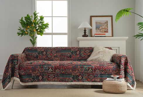 vctops Vintage Jacquard Sofa Cover for Sectional Sofa, Geometric Pattern, Fringe, Couch Cover for Dogs, Loveseat, Futon, L Shaped, 71"x134", Polyester, Boho in Saudi Arabia