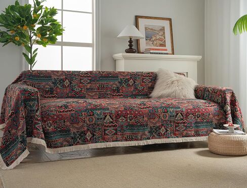 vctops Vintage Jacquard Sofa Cover for Sectional Sofa, Geometric Pattern, Fringe, Couch Cover for Dogs, Loveseat, Futon, L Shaped, 71"x134", Polyester, Boho in Saudi Arabia