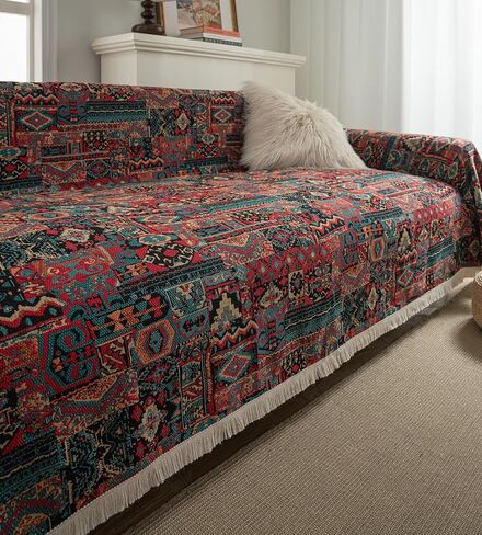 vctops Vintage Jacquard Sofa Cover for Sectional Sofa, Geometric Pattern, Fringe, Couch Cover for Dogs, Loveseat, Futon, L Shaped, 71"x134", Polyester, Boho in Saudi Arabia