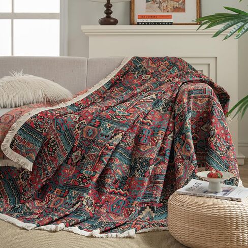 vctops Vintage Jacquard Sofa Cover for Sectional Sofa, Geometric Pattern, Fringe, Couch Cover for Dogs, Loveseat, Futon, L Shaped, 71"x134", Polyester, Boho in Saudi Arabia