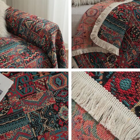 vctops Vintage Jacquard Sofa Cover for Sectional Sofa, Geometric Pattern, Fringe, Couch Cover for Dogs, Loveseat, Futon, L Shaped, 71"x134", Polyester, Boho in Saudi Arabia